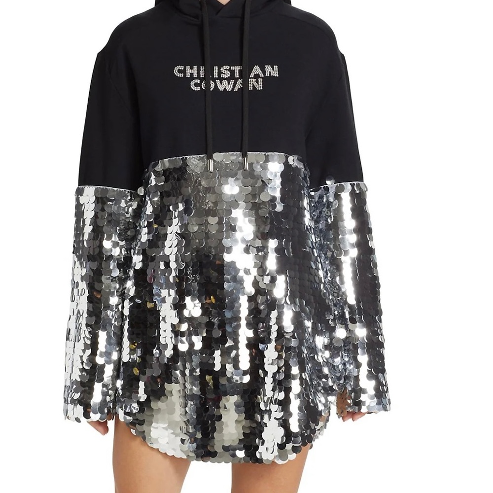 Christian Cowan Sequin mini black silver hoodie dress. Size 4